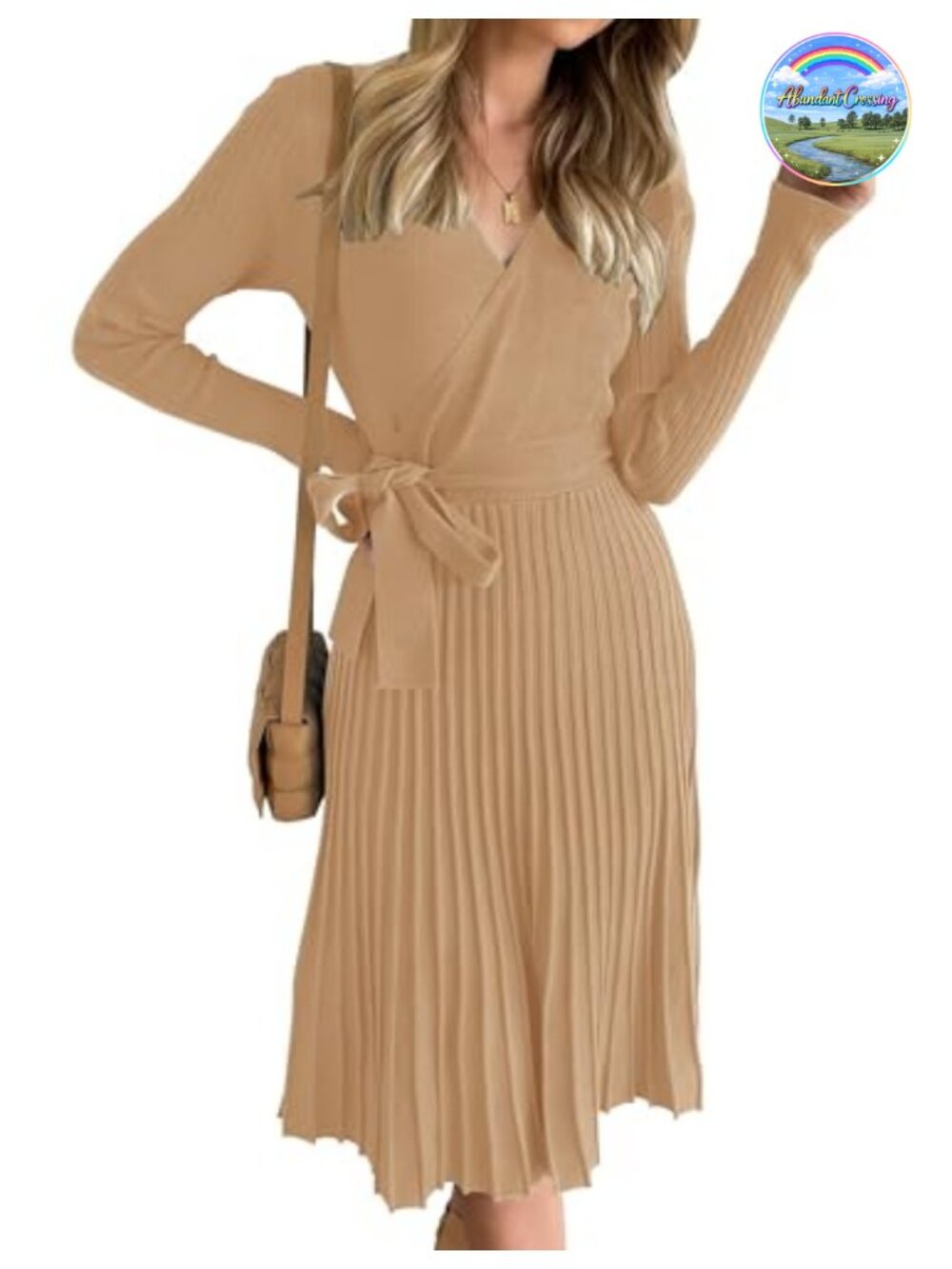 Wrap Midi Sweater Dress Long Sleeve Ribbed Knit V-Neck Belted Fall